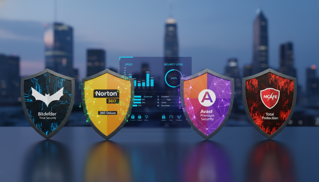 A visually striking comparison scene highlighting digital security software. In the foreground, display sleek, modern shields representing Bitdefender, Norton, Avast, and McAfee, each adorned with their respective logos and features. Use a cyber-themed texture for the shields to convey high-tech protection. In the middle layer, incorporate a stylized digital interface showing performance metrics, such as speed and security levels, in an engaging layout. The background should feature a subtle, blurred city skyline at dusk, symbolizing the everyday online environment that requires protection, with a soft blue and purple color palette. The lighting should be dramatic, cast from the left, creating depth and emphasizing the shields' reflections. Aim for a professional, informative atmosphere to attract attention while maintaining clarity and focus.