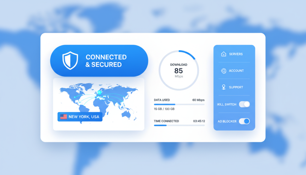 Norton VPN 2026 dashboard interface showing connection status and server selection